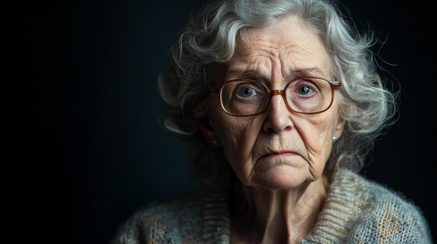 Close up portrait of a senior woman with sad expression. She is wearing glasses and a sweater with dark background. Studio shot. photo