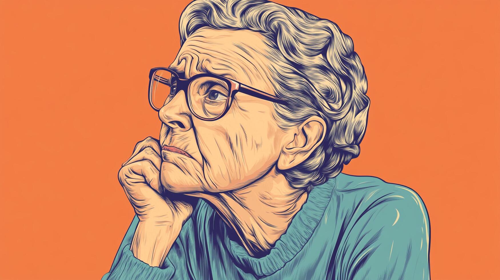 Pensive illustration of an elderly woman with glasses, resting her chin on her hand, gazing off into the distance with a thoughtful expression. photo