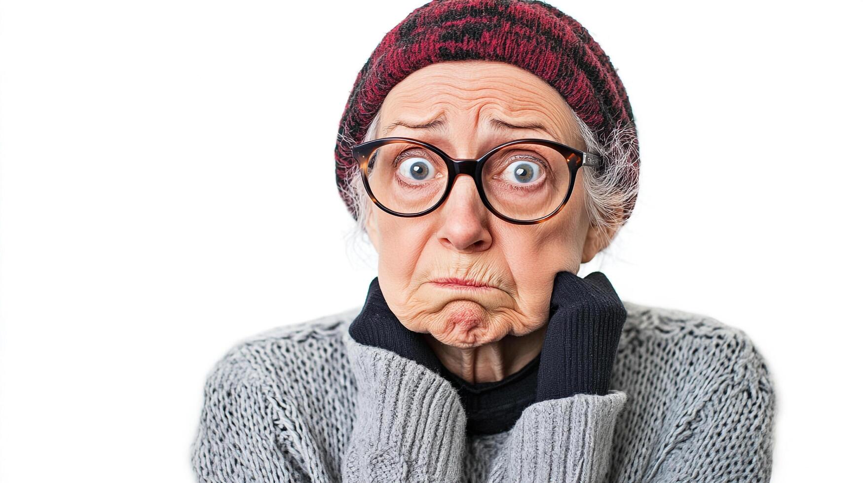 Elderly woman with wide eyes and a worried expression. She's wearing a red hat, grey sweater and glasses, set against a plain white background. photo