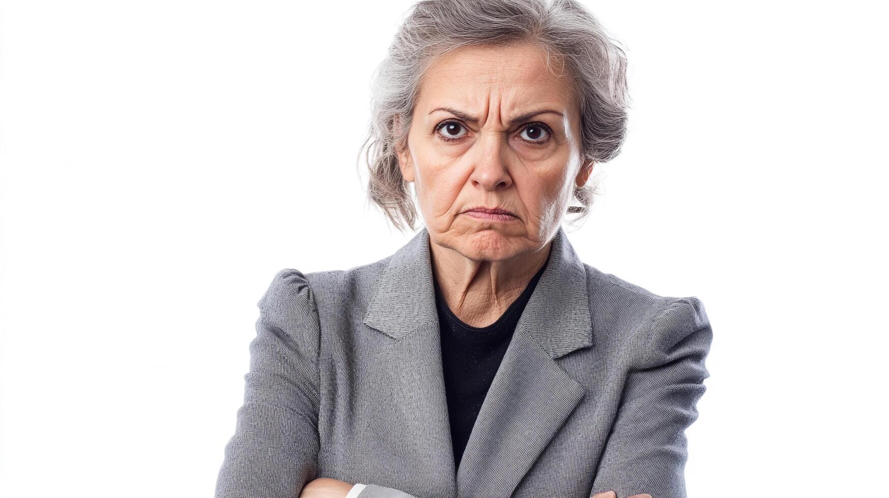 An older woman with gray hair and a gray blazer crosses her arms with a look of disapproval and anger. She looks furious with someone. photo