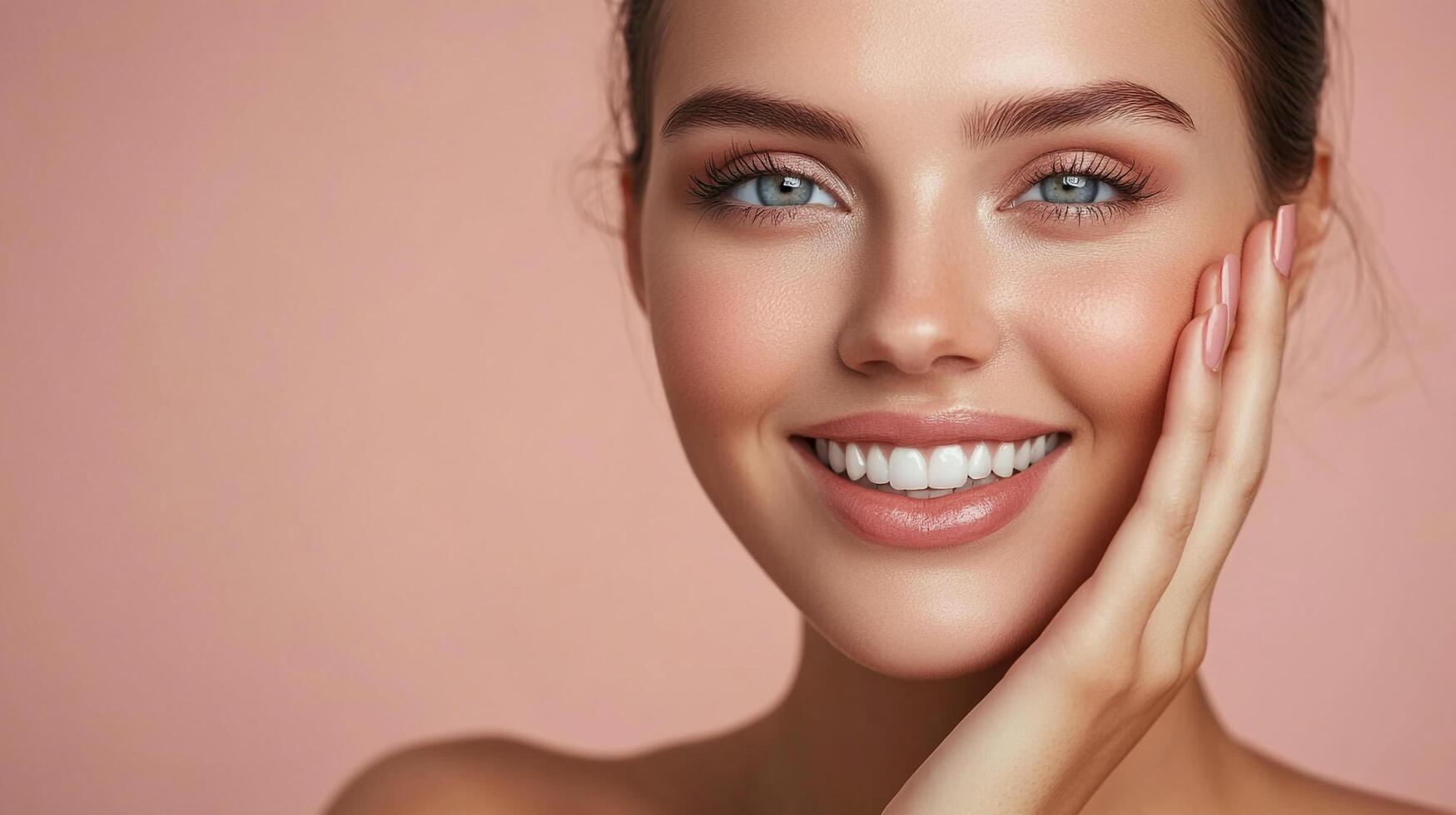 Radiant woman smiling, showing glowing skin and perfect teeth, in a beauty portrait with soft lighting against a simple background. photo