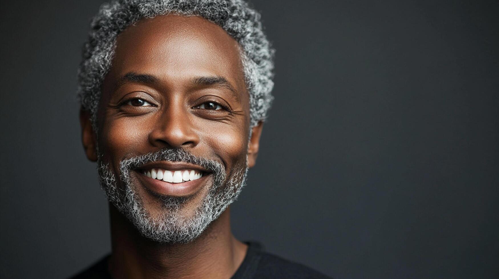 Smiling middle-aged man with distinguished gray hair radiating warmth and approachability, captured in a close-up shot against a neutral background. photo