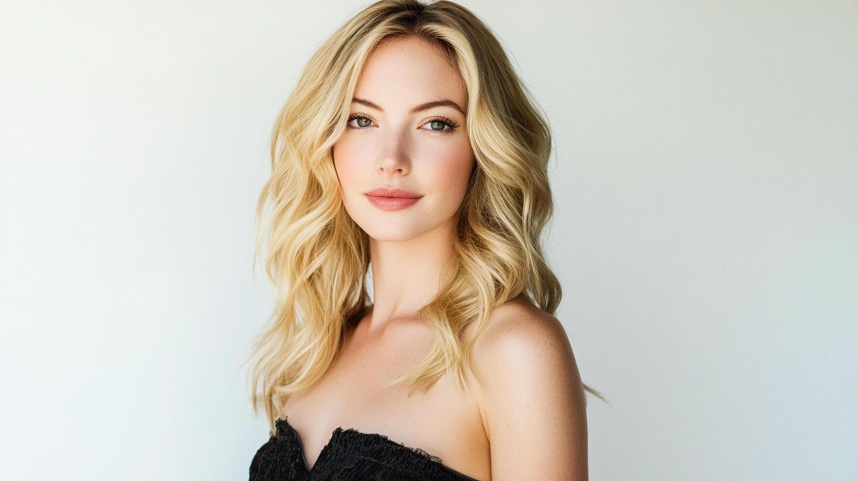 Elegant woman with blonde wavy hair, wearing a black strapless top, posing against a plain backdrop for a sophisticated headshot. photo