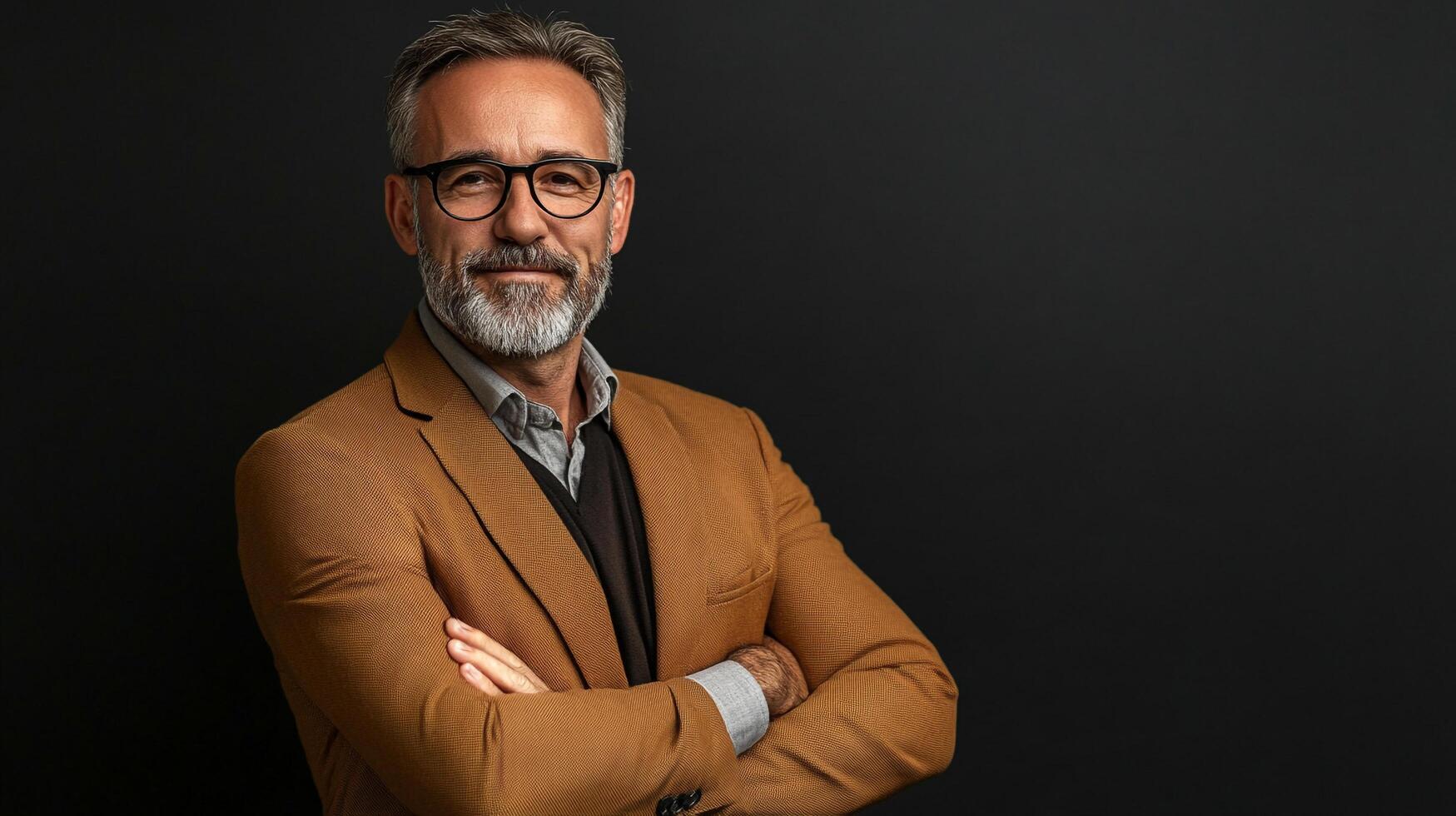 Confident mature man with glasses, beard, and blazer against a dark background, exudes professionalism and experience. photo