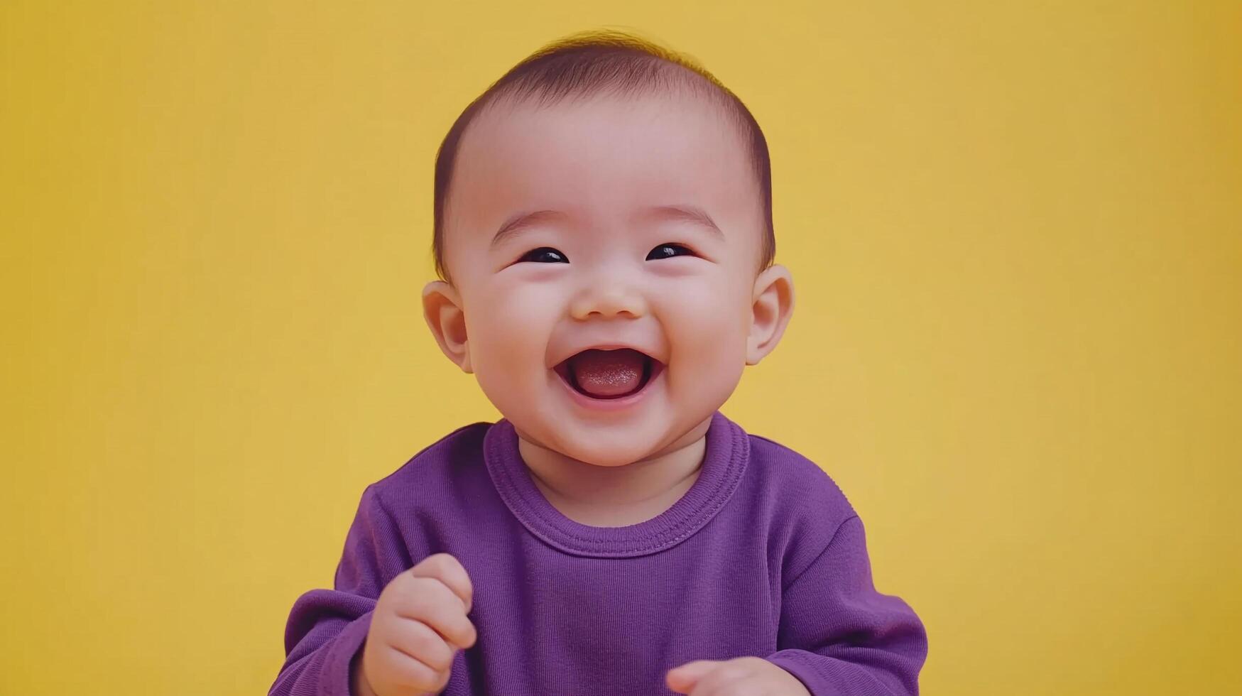 Joyful baby laughing heartily against a vibrant yellow background, radiating pure happiness with their charming smile and playful energy. photo