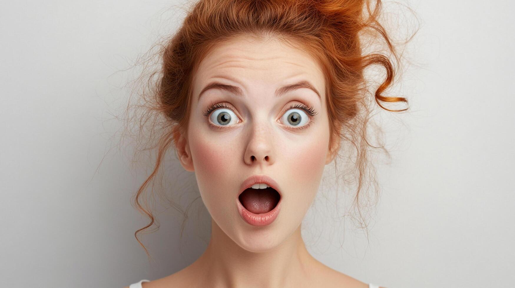 Close-up of a woman with wide eyes and an open mouth, expressing shock or surprise against a plain background with messy red hair. photo