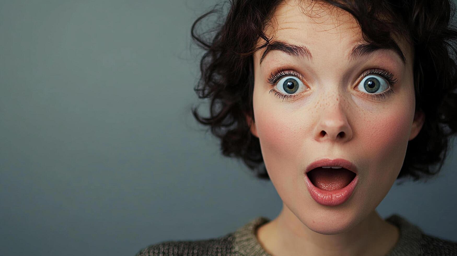 Astonished woman expresses surprise with wide eyes and open mouth. Curly dark hair frames her face with subtle makeup enhancing her features. photo