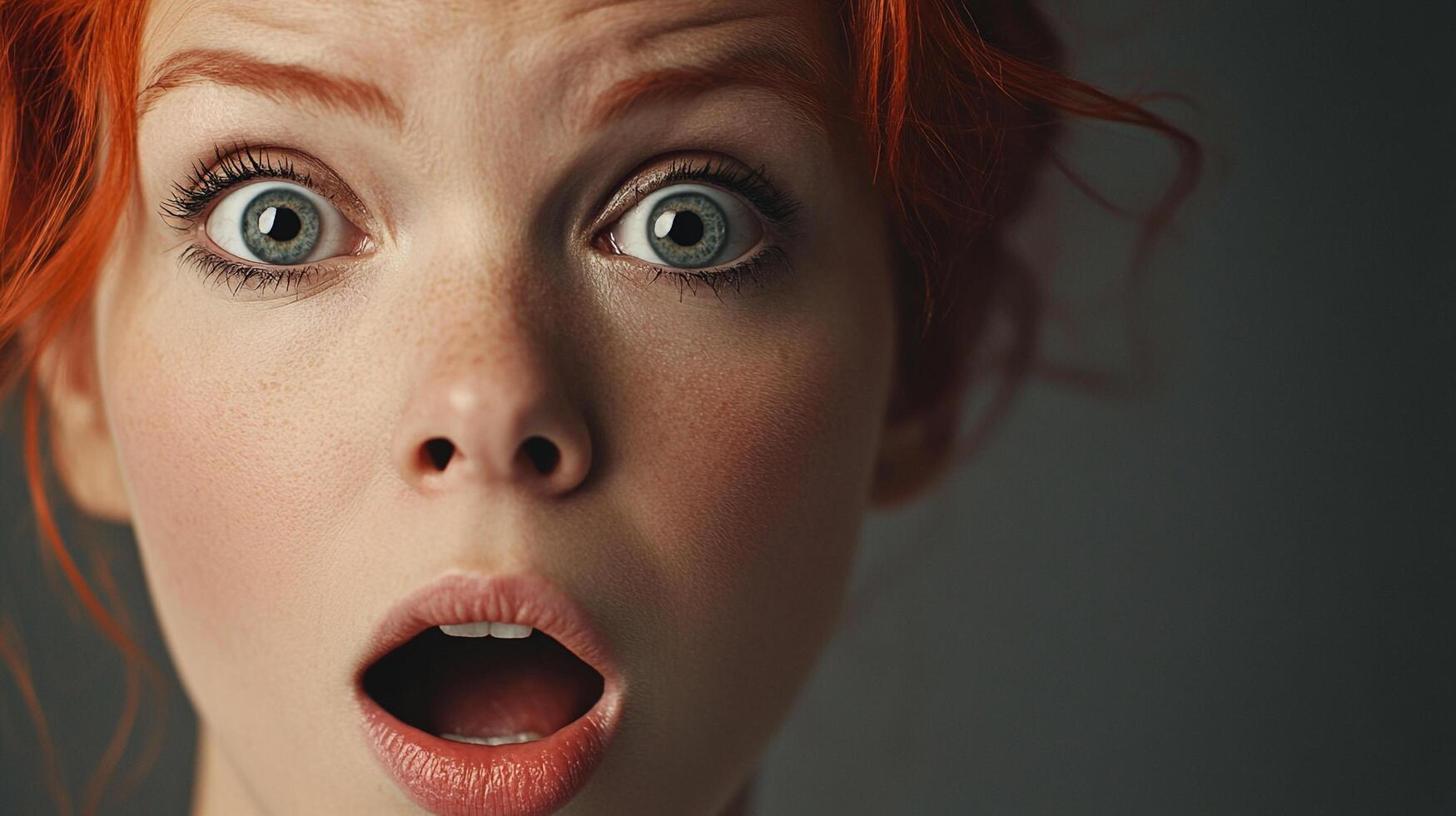 Close-up portrait of a woman with an astonished expression, featuring wide eyes, an open mouth, and vibrant red hair against a neutral background. photo