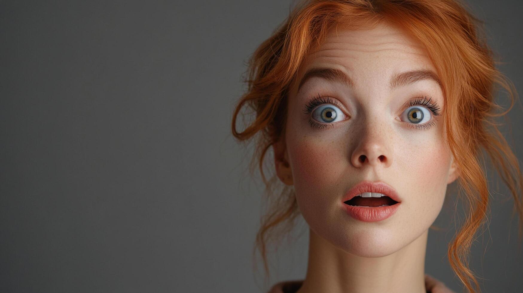 Astonished woman with red hair staring wide-eyed with mouth open expressing surprise, set against a smooth, neutral background photo
