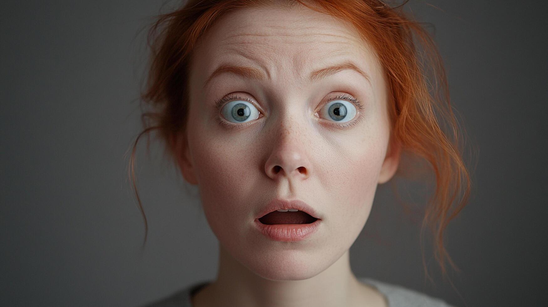 A redhead woman exhibits an expression of shock and surprise, her eyes wide and mouth open, against a neutral backdrop. photo