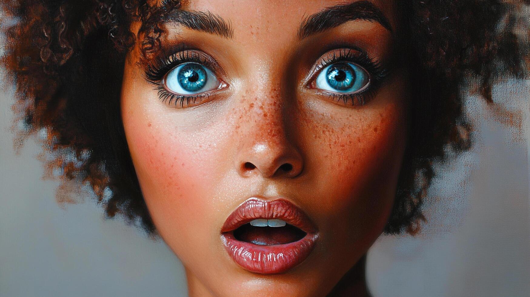 Close-up of a woman with striking blue eyes and a surprised expression. Soft lighting enhances her curly hair and freckled skin. photo