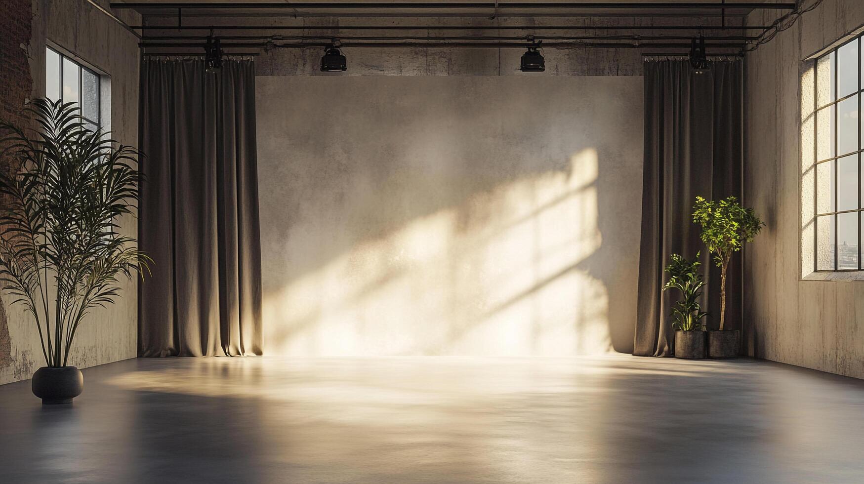 Spacious studio interior with warm sunlight, concrete walls, dark curtains, and potted plants creating a serene indoor environment. photo