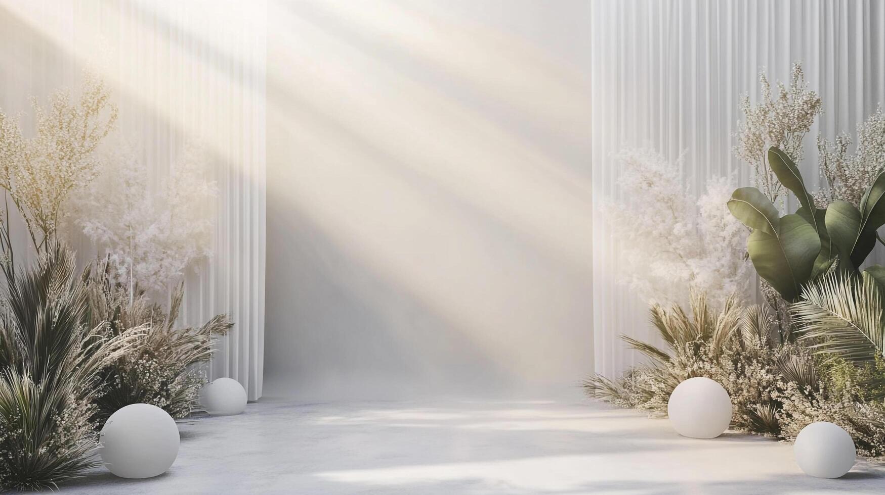 Elegant studio setup bathed in soft light, featuring botanical decorations and subtle textures, creating a serene and inviting atmosphere. photo