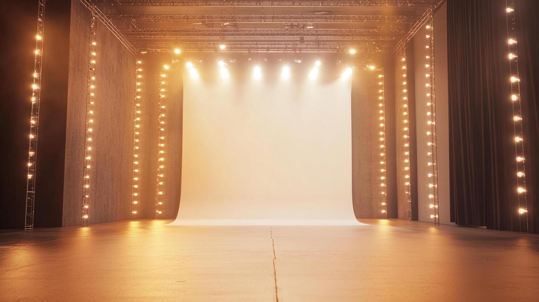 An empty stage is illuminated with bright spotlights and lines of decorative lights. The stage backdrop is bright white, awaiting its purpose. photo