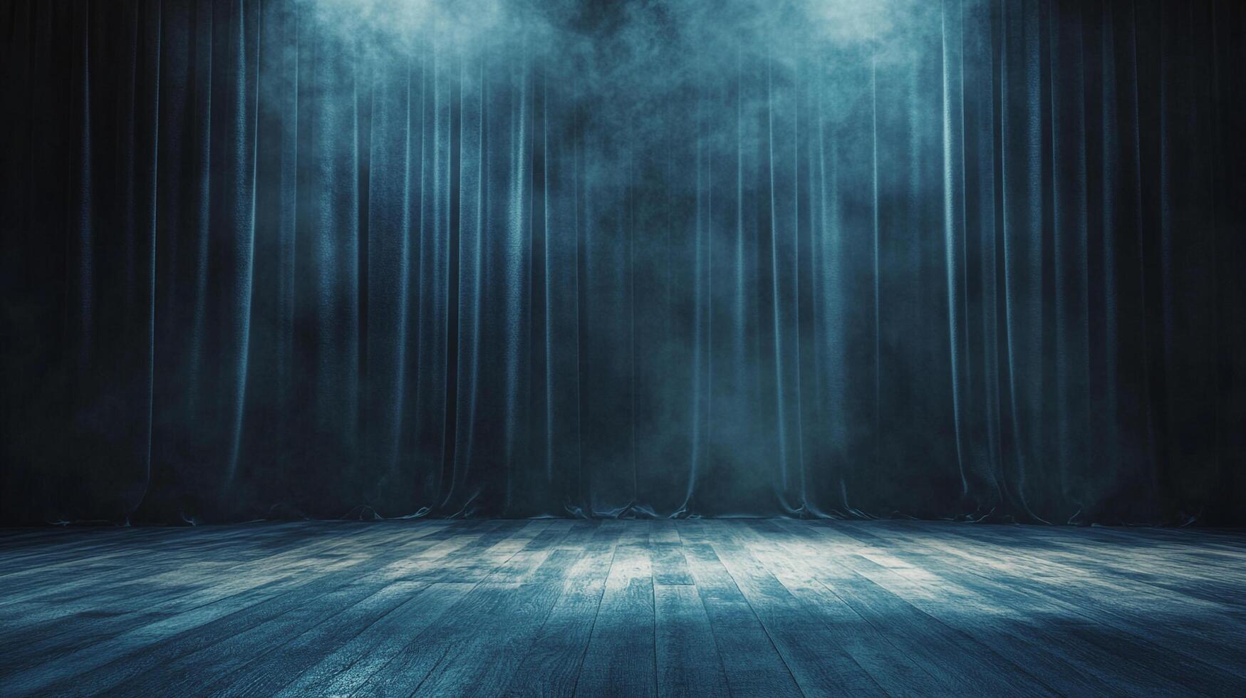Moody stage illuminated with ethereal lighting, showcasing draped curtains and aged wooden floor, evoking mystery and anticipation. photo