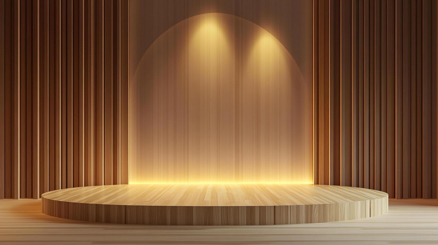 Wooden stage with spotlighting for product showcase, presentation or advertisement. Perfect for highlighting new designs. photo