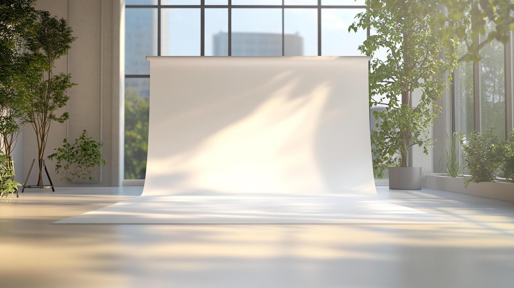 Bright studio with white backdrop and natural light. Plants add a touch of nature to this minimalistic scene. A photographer's dream space. photo