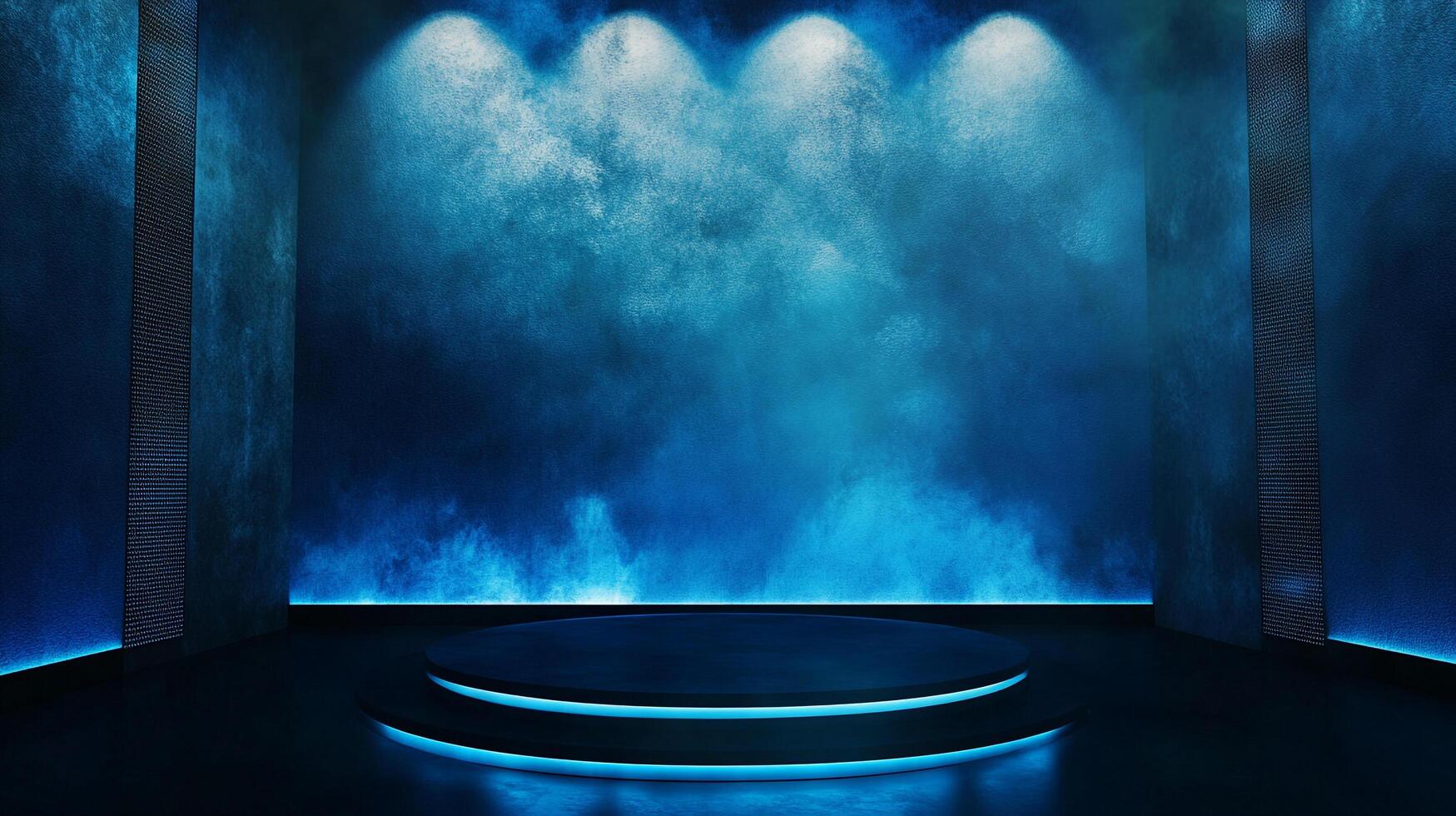 Neon-lit stage with circular platform and diffused lighting, ideal for presentations or performances, with a futuristic ambience. photo