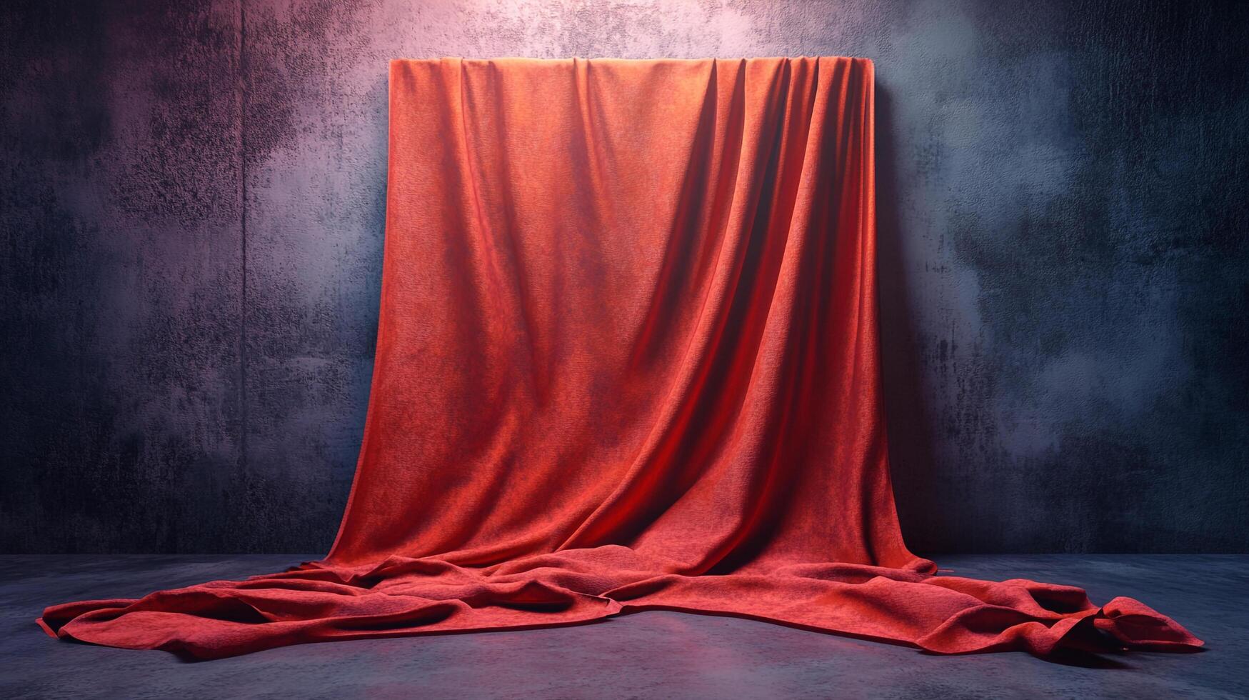 A draped crimson cloth hangs from a textured wall, spilling onto the floor in soft folds. Evokes drama and mystery with its deep shadows. photo