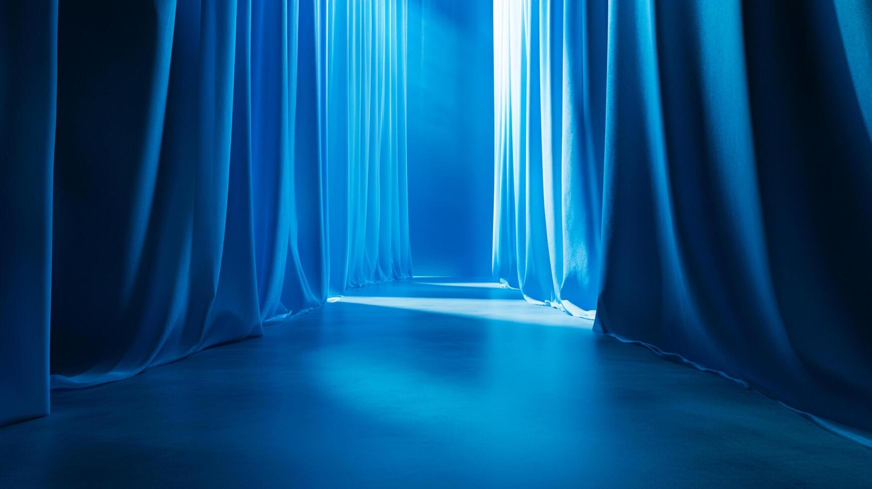 A serene tunnel of flowing blue curtains, bathed in ethereal light, inviting exploration and contemplation. Soft textures enhance the depth. photo