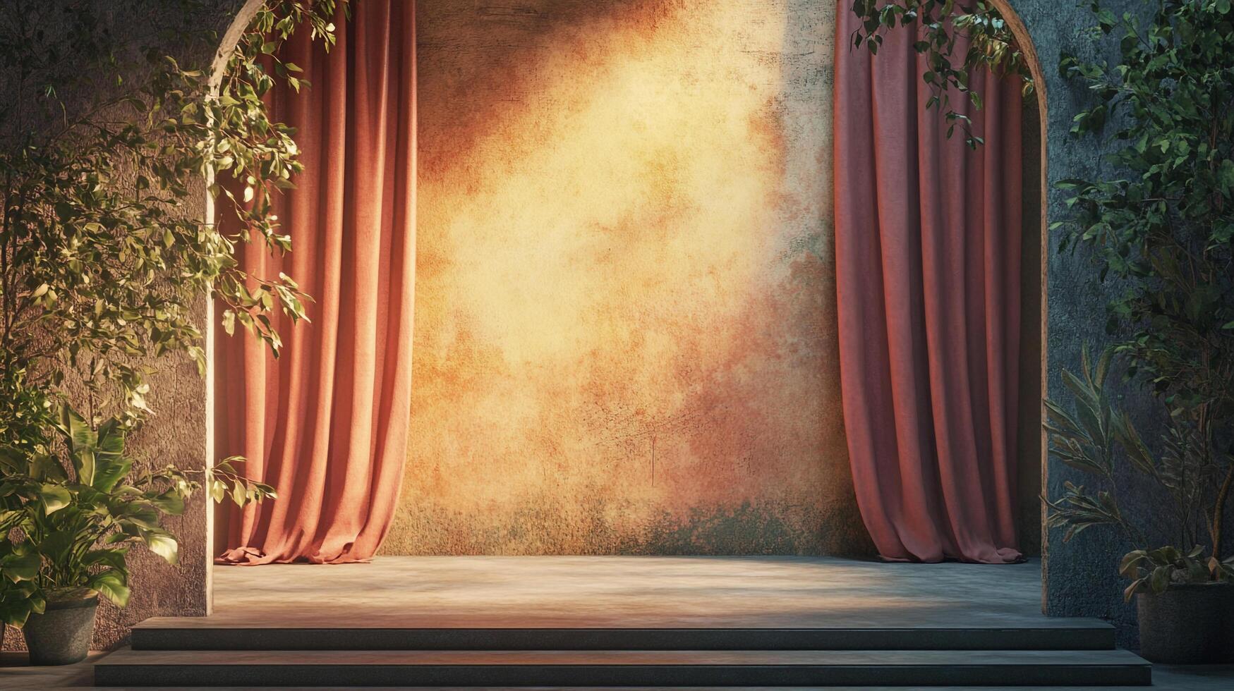 Elegant stage backdrop featuring draped curtains, lush greenery, and a textured wall bathed in warm light creates a serene ambiance. photo