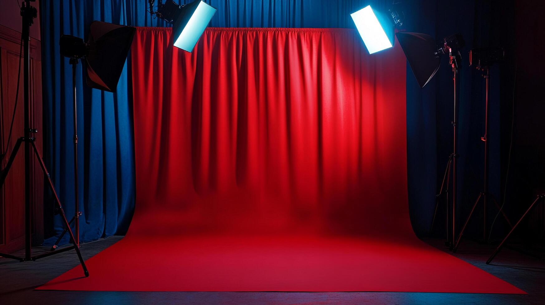Illuminated stage setup with vibrant red backdrop and professional lighting equipment creating a dynamic and visually striking scene. photo