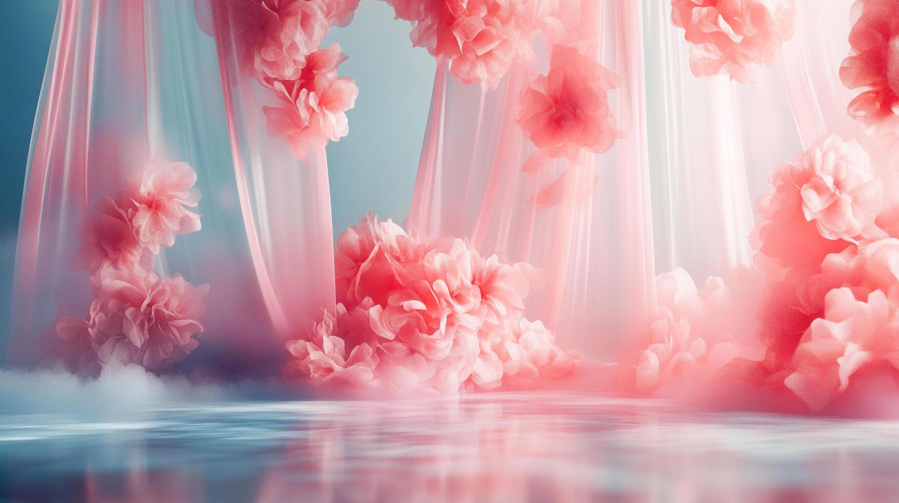 A dreamy scene featuring soft pink floral decorations, translucent fabric drapes, and a tranquil water surface with a misty, romantic atmosphere. photo