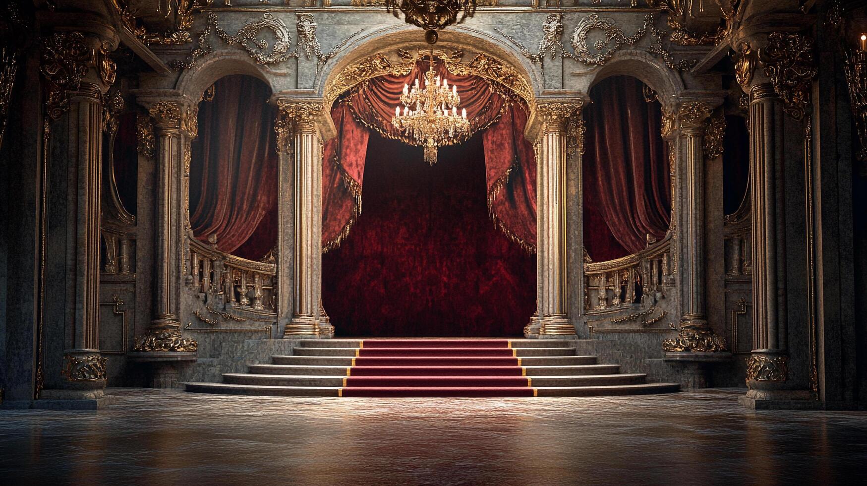Ornate theater stage, detailed baroque architecture, plush red curtains, grand staircase and an elegant chandelier. Opulent and classic. photo