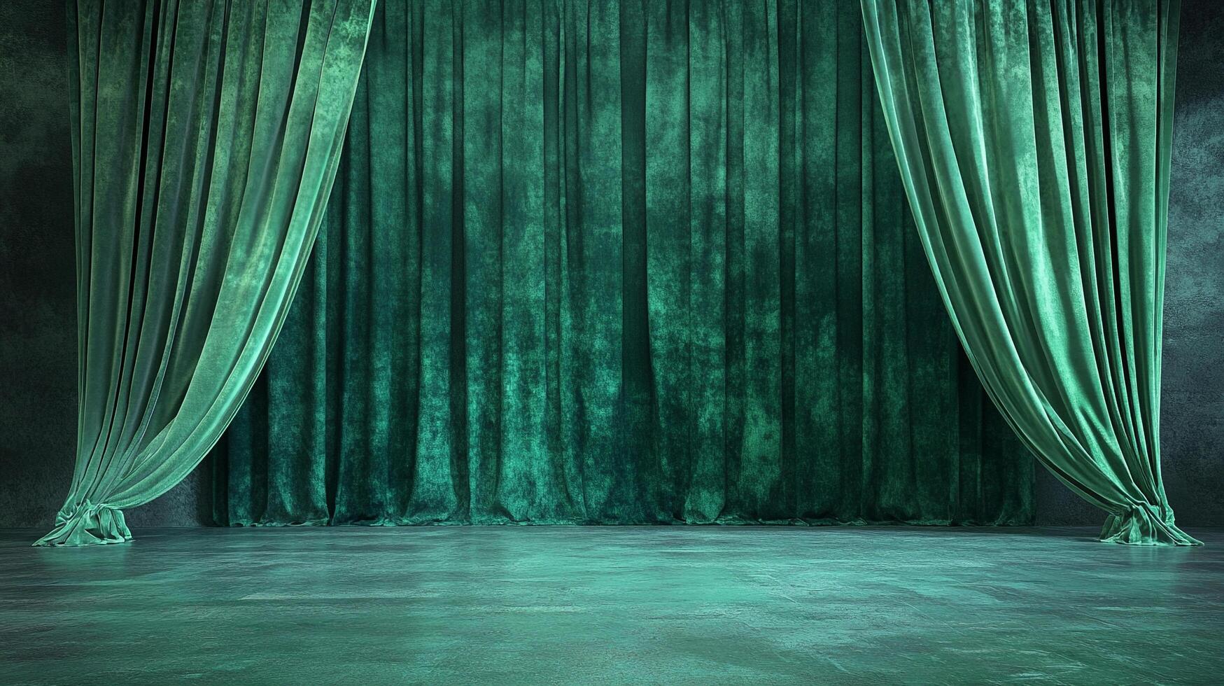 Dramatic emerald green velvet curtains cascade onto a muted stage, evoking theater, luxury, and vintage charm. The stage is lit with a mysterious glow. photo