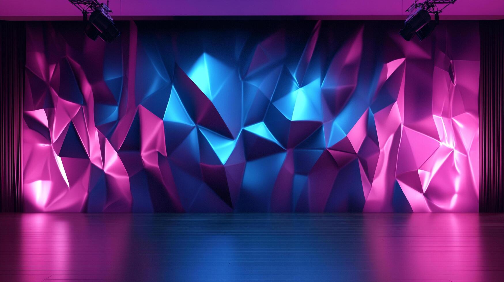Abstract 3D wall with a faceted design lit with vibrant pink and blue lighting, creating a modern and striking aesthetic. photo