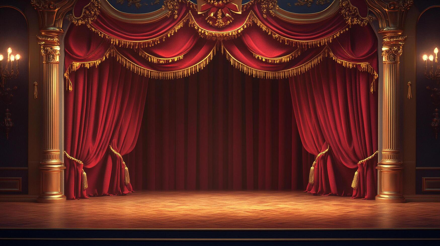 Opulent stage with velvet curtains and gilded details, evoking a sense of drama and grandeur. Ready for a captivating performance. photo