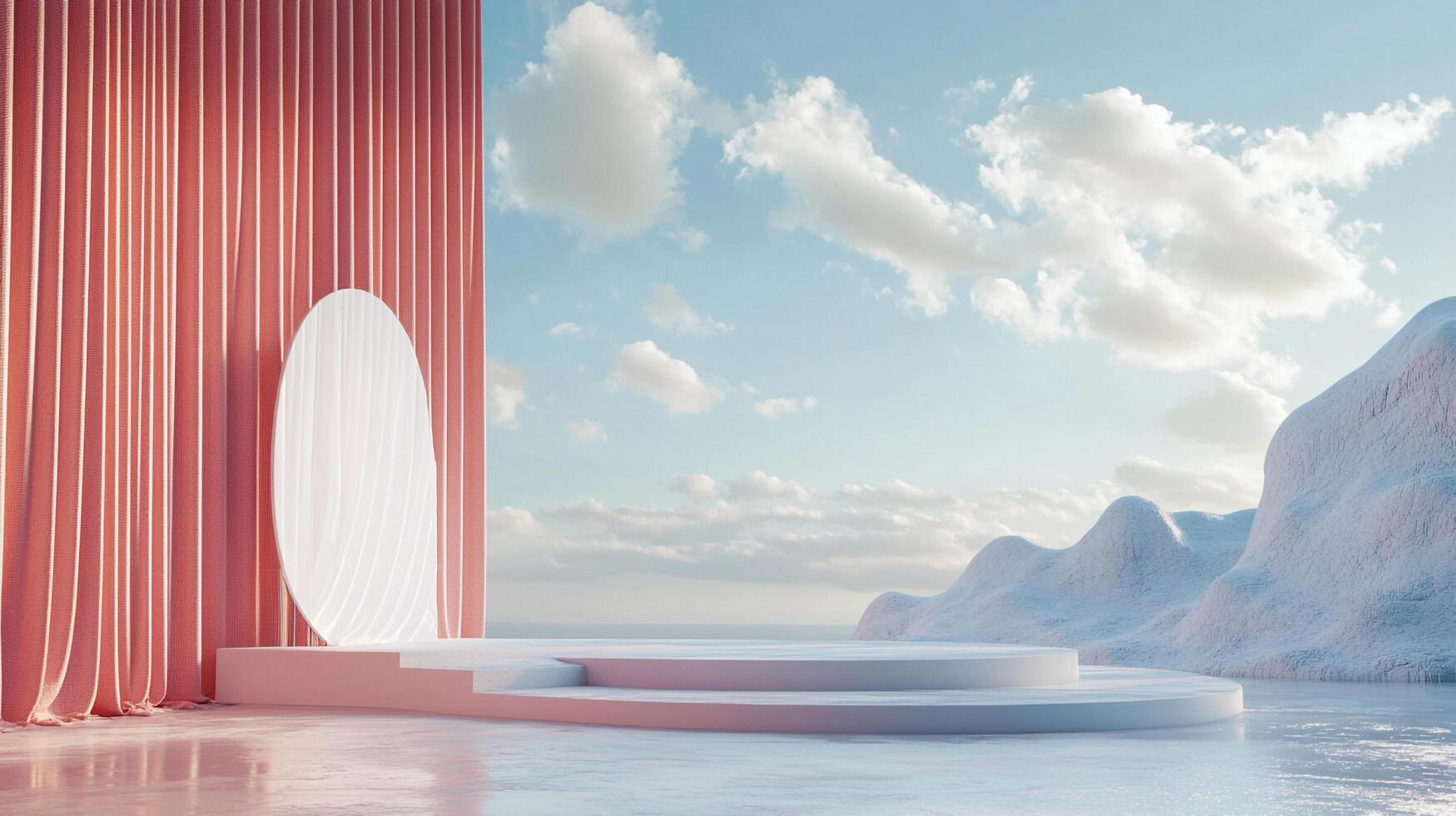 Minimalist podium in tranquil landscape setting with curtain backdrop, oval centerpiece, and serene cloudy sky. Ideal for product display. photo
