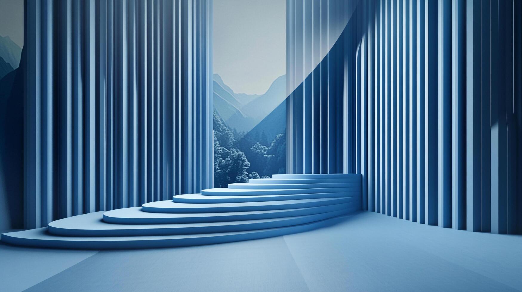 A calming blue scene unfolds with a tiered platform leading to a backdrop of misty mountains, framed by pillars in this serene landscape. photo