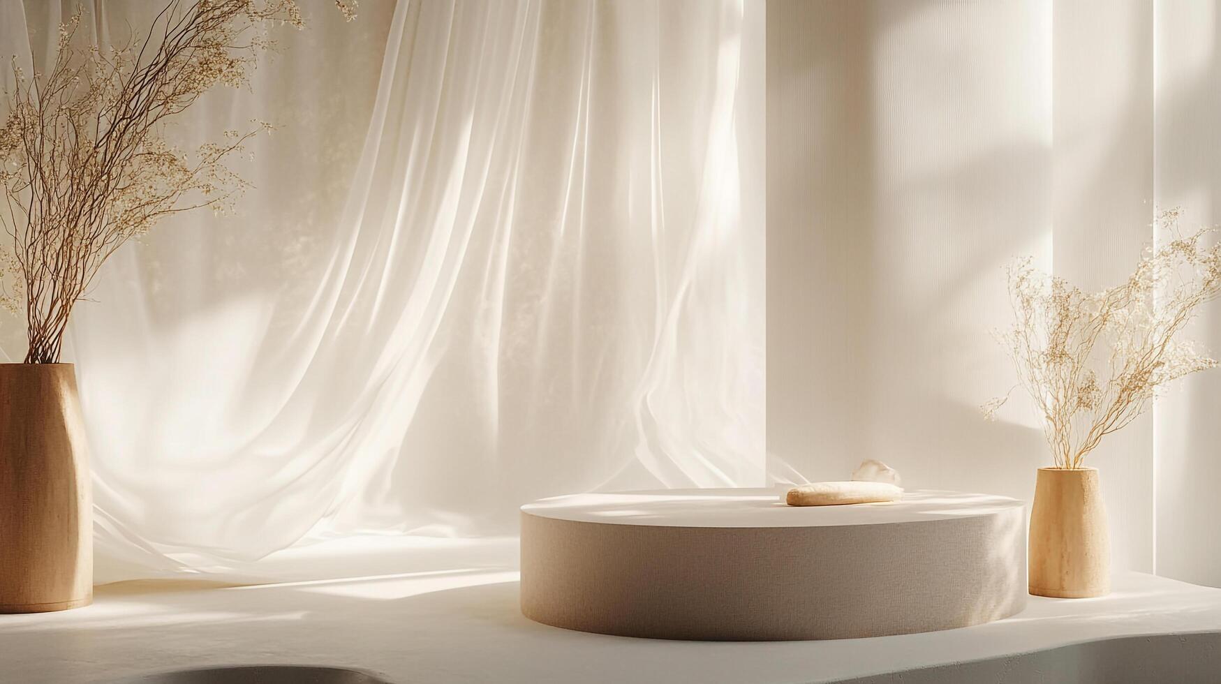 Minimalist studio scene featuring a platform stage, draped fabric, two vases with decorative straw, and natural light creating soft shadows. photo