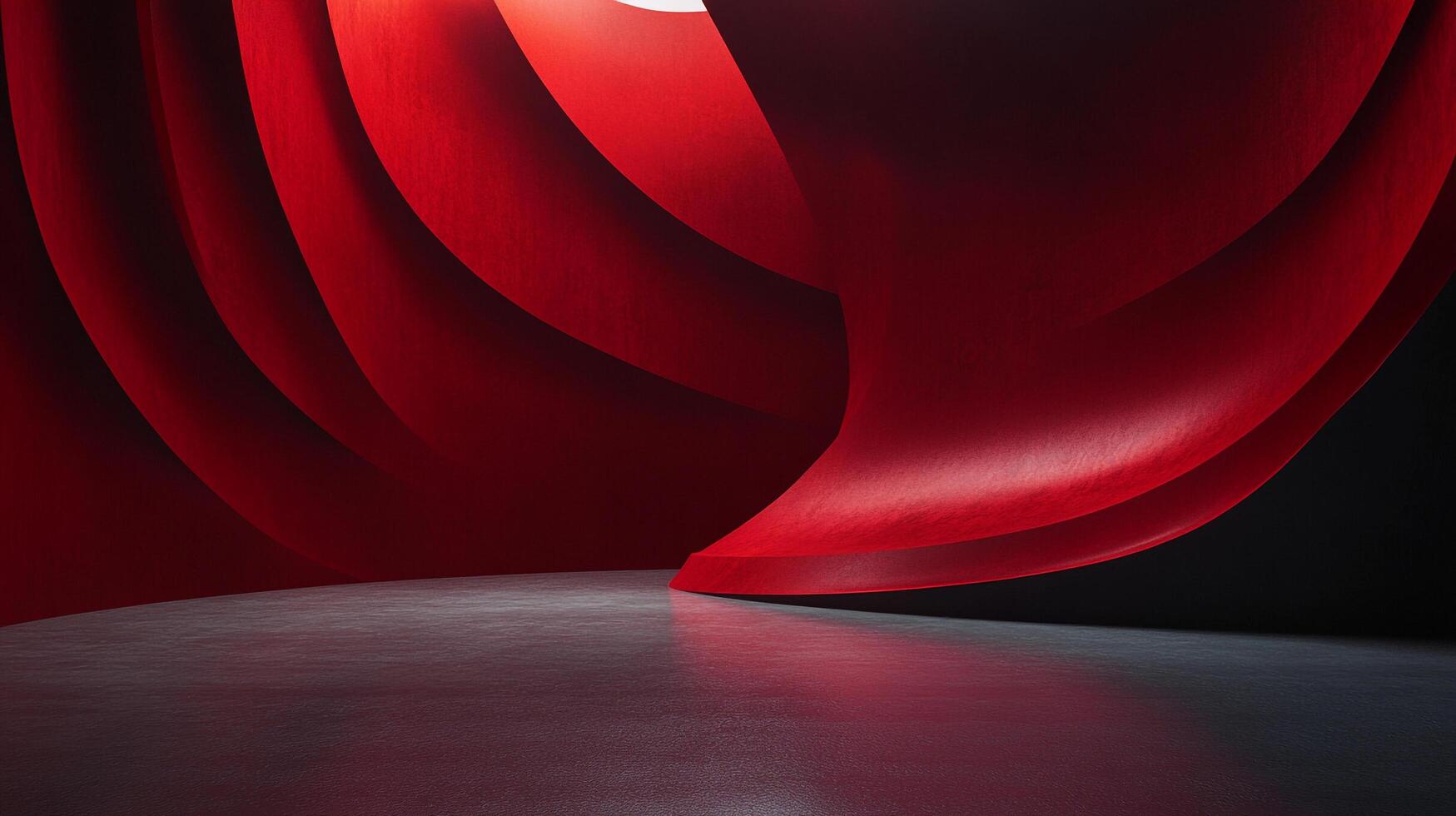 A dramatic, modern space with curving red architectural features and reflective gray flooring, creating an abstract and striking environment. photo