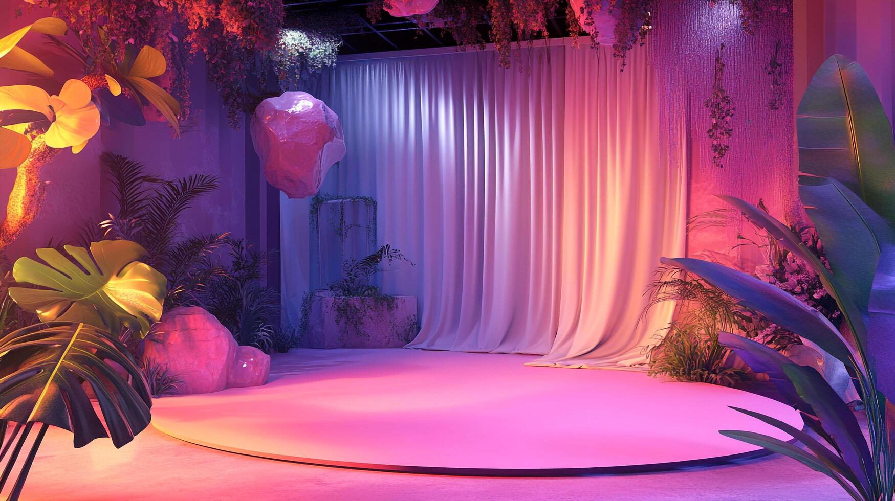 An enchanting scene with tropical foliage and a stage bathed in vibrant pink and purple hues, creating a dreamy atmosphere. photo