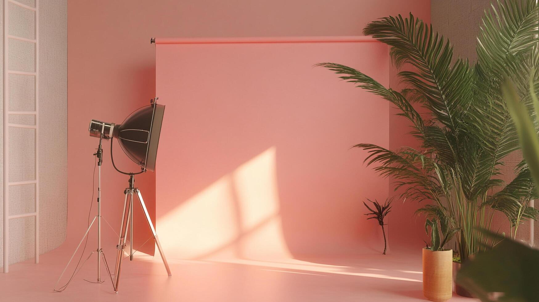 Bright studio setup with softbox lighting and greenery against a peachy backdrop, creating a warm, inviting space for photography. photo