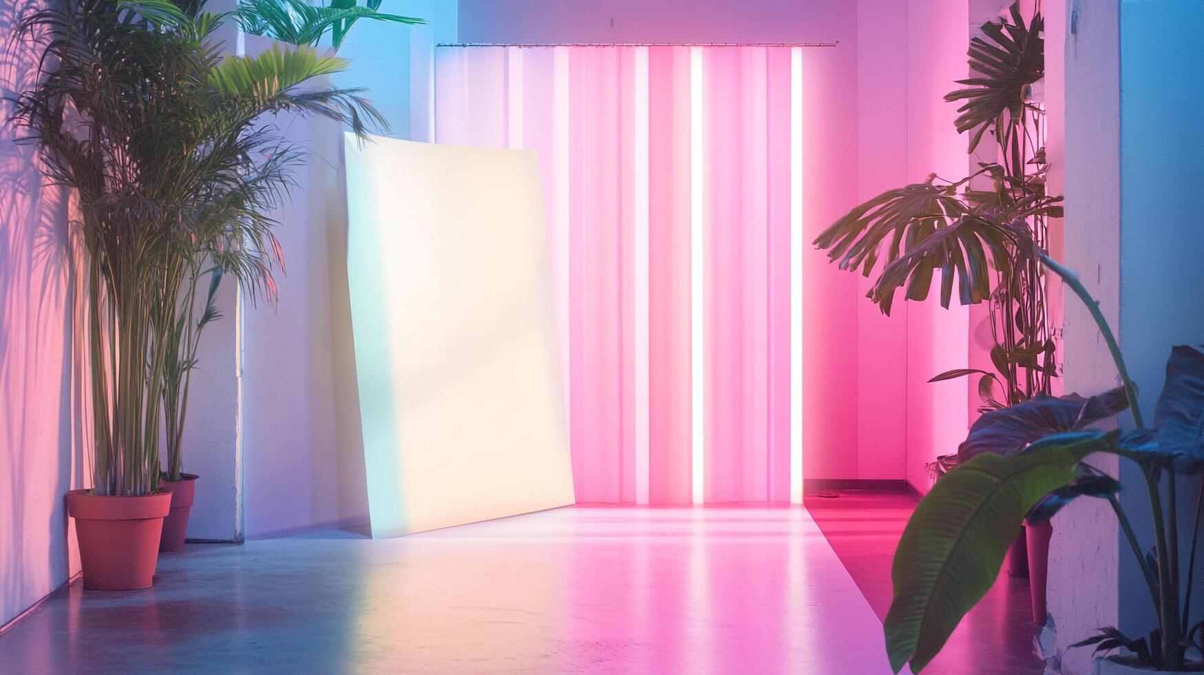Illuminated interior space with plants and neon lights reflecting off shiny floor, creating a vibrant, modern ambiance. photo