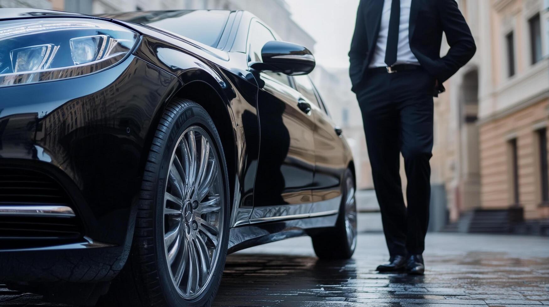 Elegantly dressed man standing beside a luxurious black car in a city, exuding wealth and success in a sophisticated setting. photo