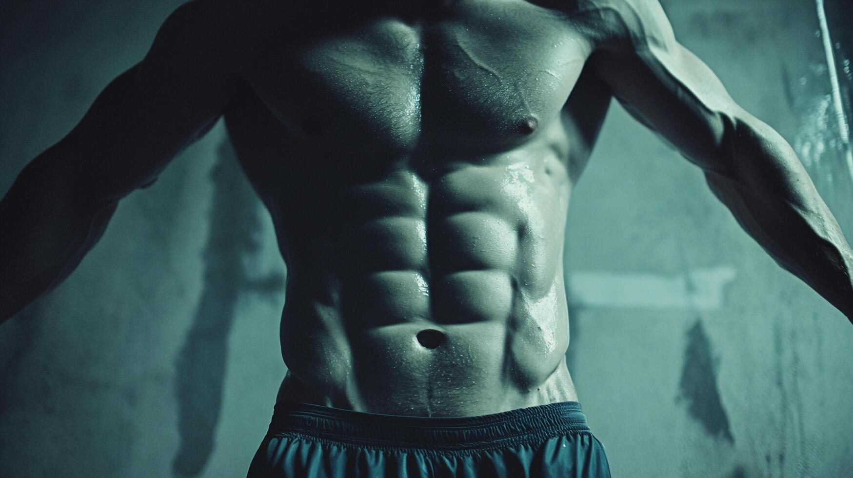 A close-up of a muscular torso with defined abs. The person is glistening with sweat after a workout. photo