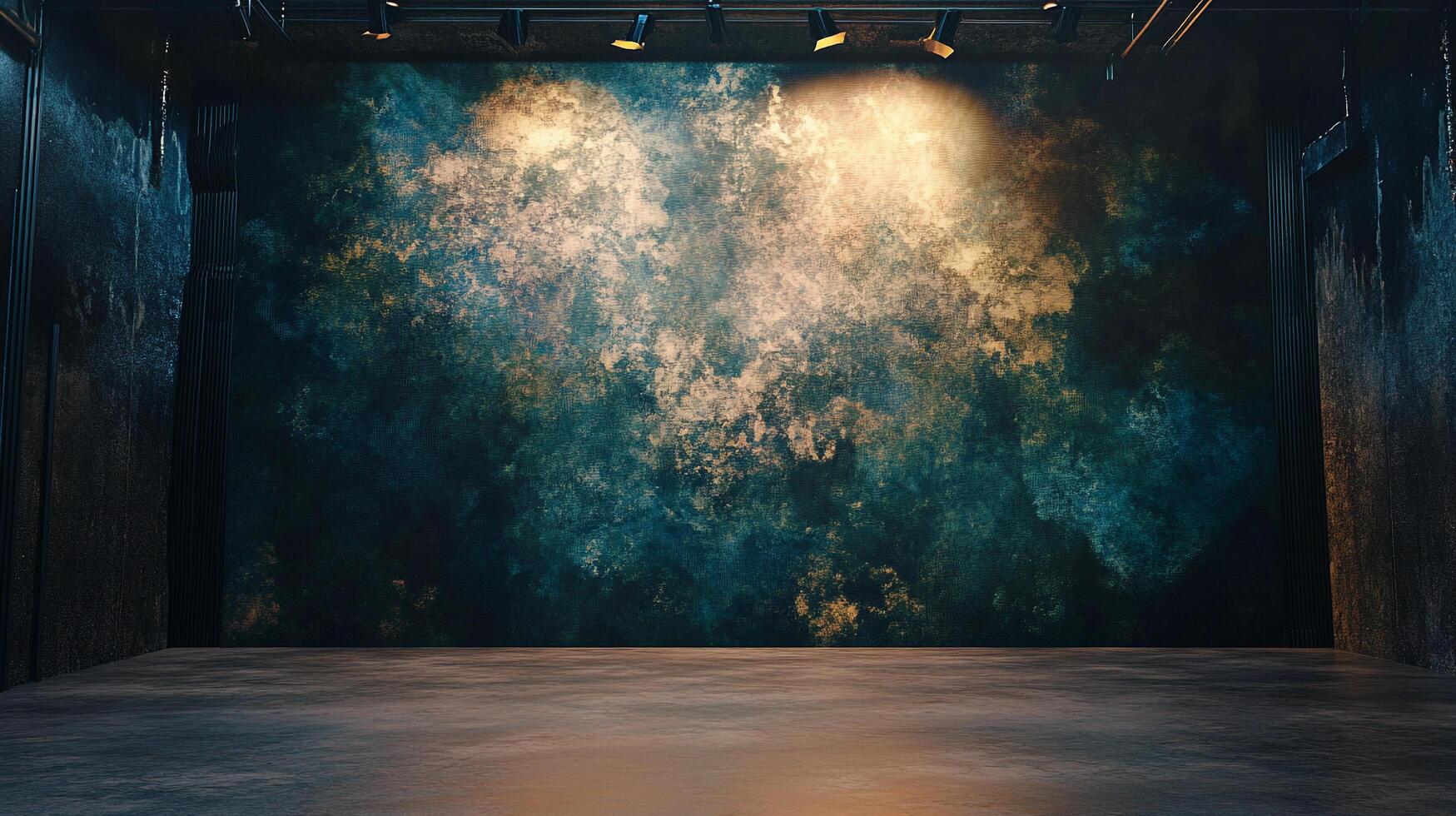 Dramatic studio setup with textured wall illuminated by stage lighting, creating a moody and evocative atmosphere. photo