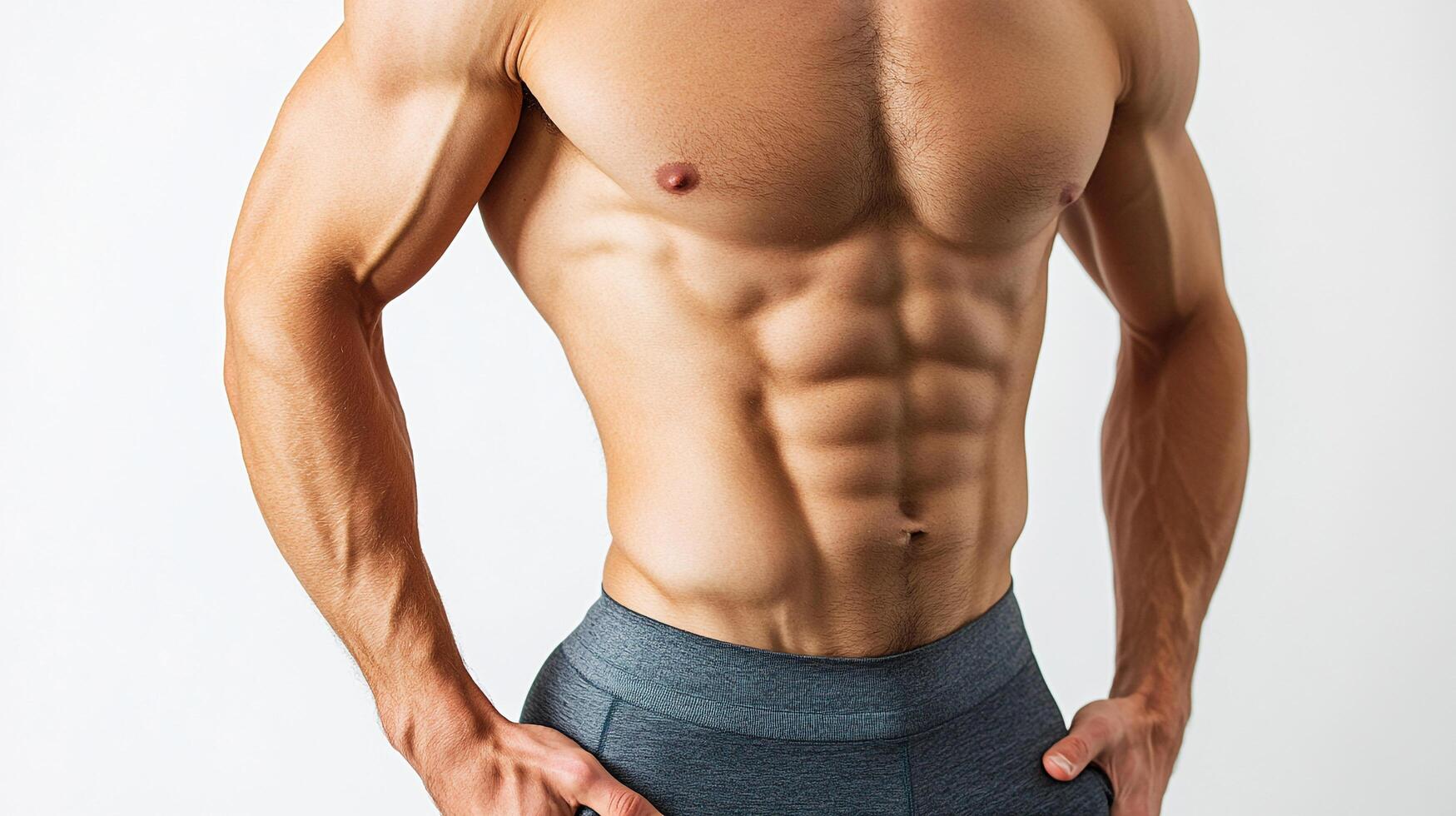Muscular torso of a man. The man has well defined abdominal muscles. He is wearing gray athletic shorts and his arms are at his side. photo