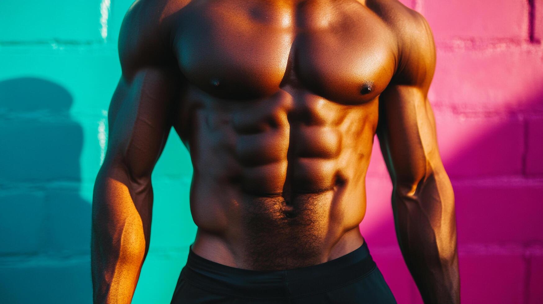 An extremely fit and muscular man is seen posing, showcasing his strong physique against a vibrant blue and pink background. photo