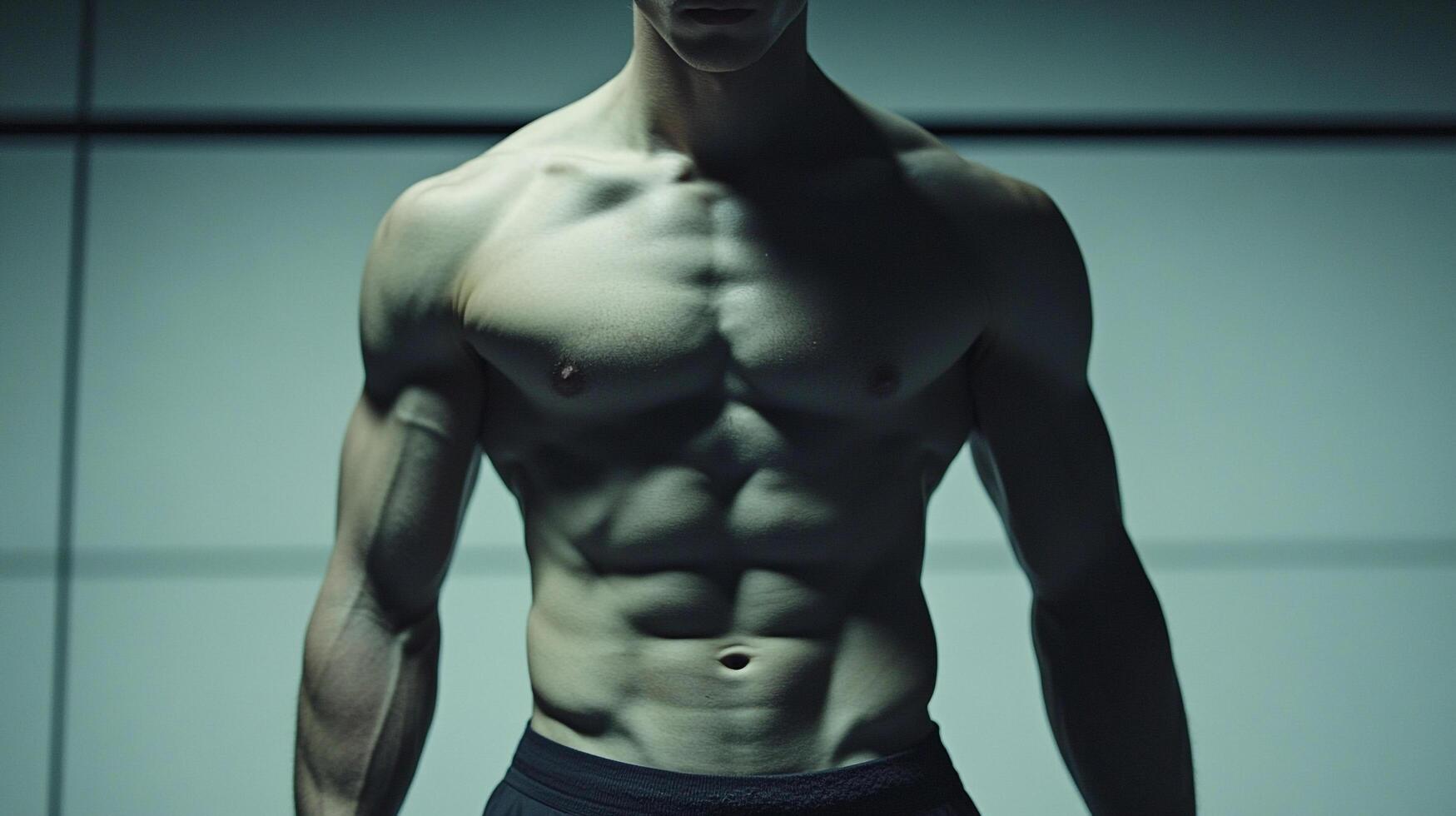 Athletic man showcasing sculpted torso in sleek, minimalist workout space. Dramatic lighting accentuates muscular definition. Fitness concept. photo