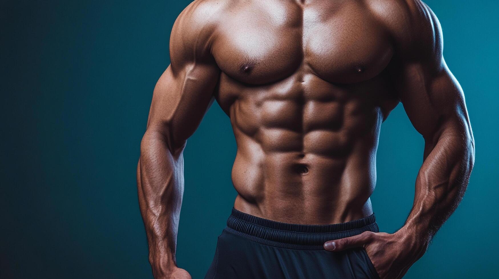 Detailed physique of a muscular man showcasing definition. The man is posing against a dark background, highlighting muscle tone. photo