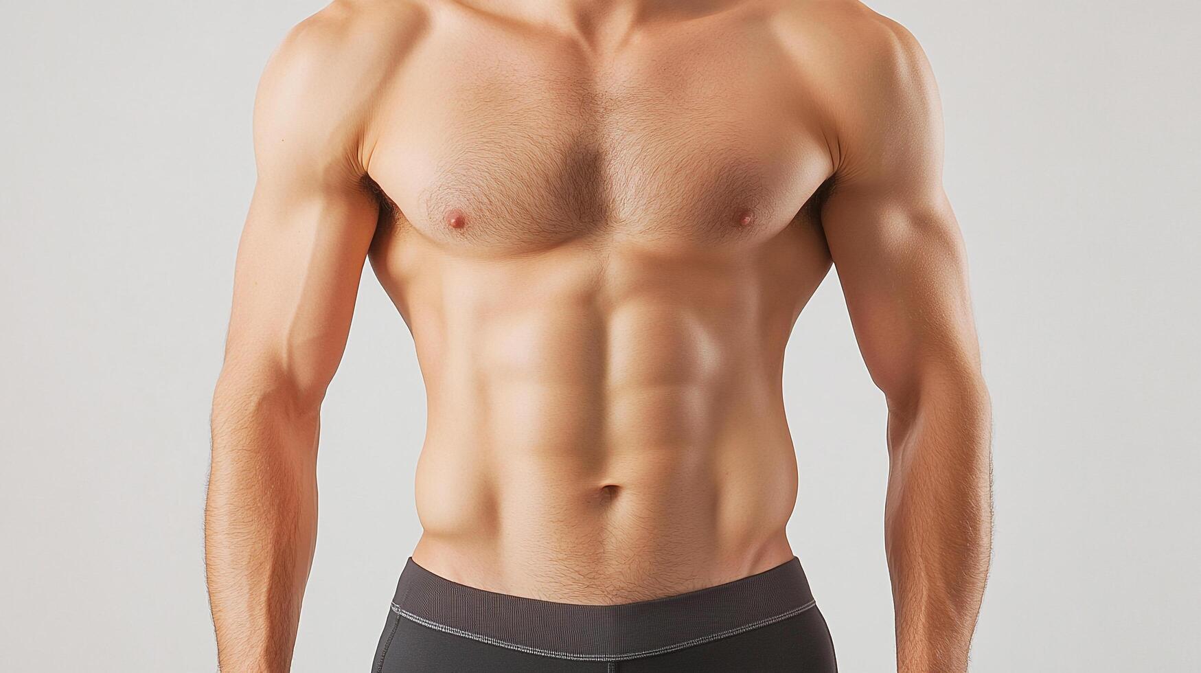 Torso of a muscular man displaying well-defined abdominal muscles, chest, and arms, showcasing fitness and health on a neutral background. photo