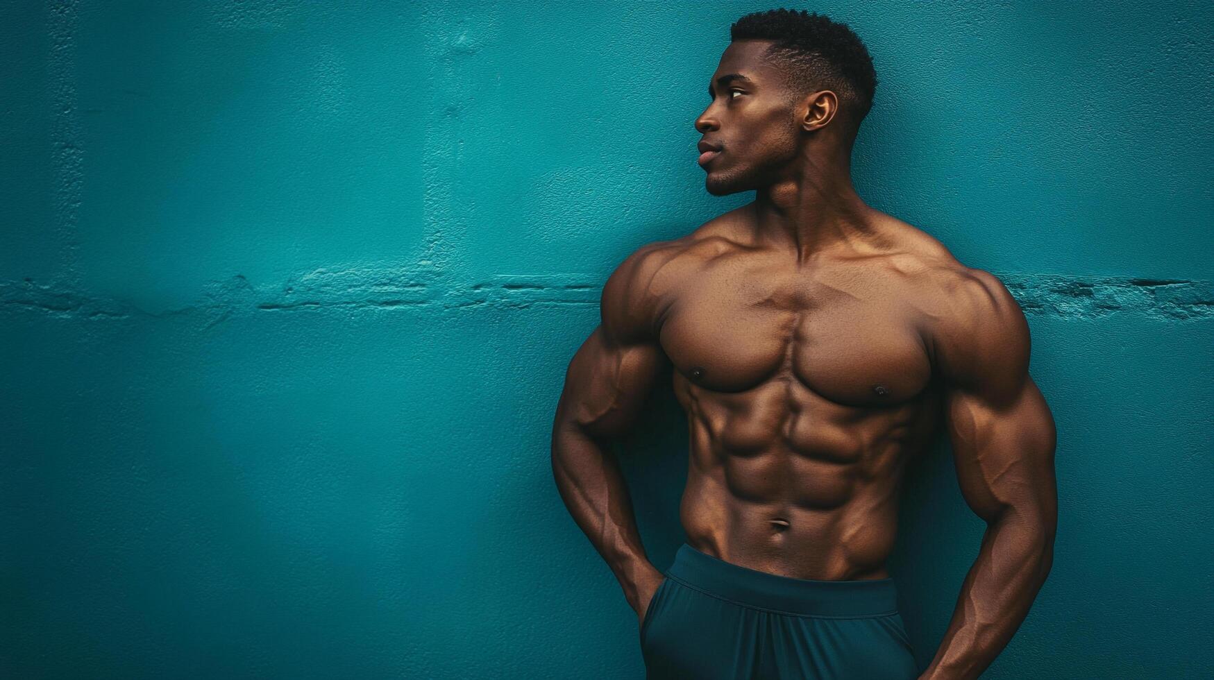 Powerful physique of a fit man showcasing abdominal muscles and toned body against a vibrant teal backdrop, demonstrating peak physical condition. photo