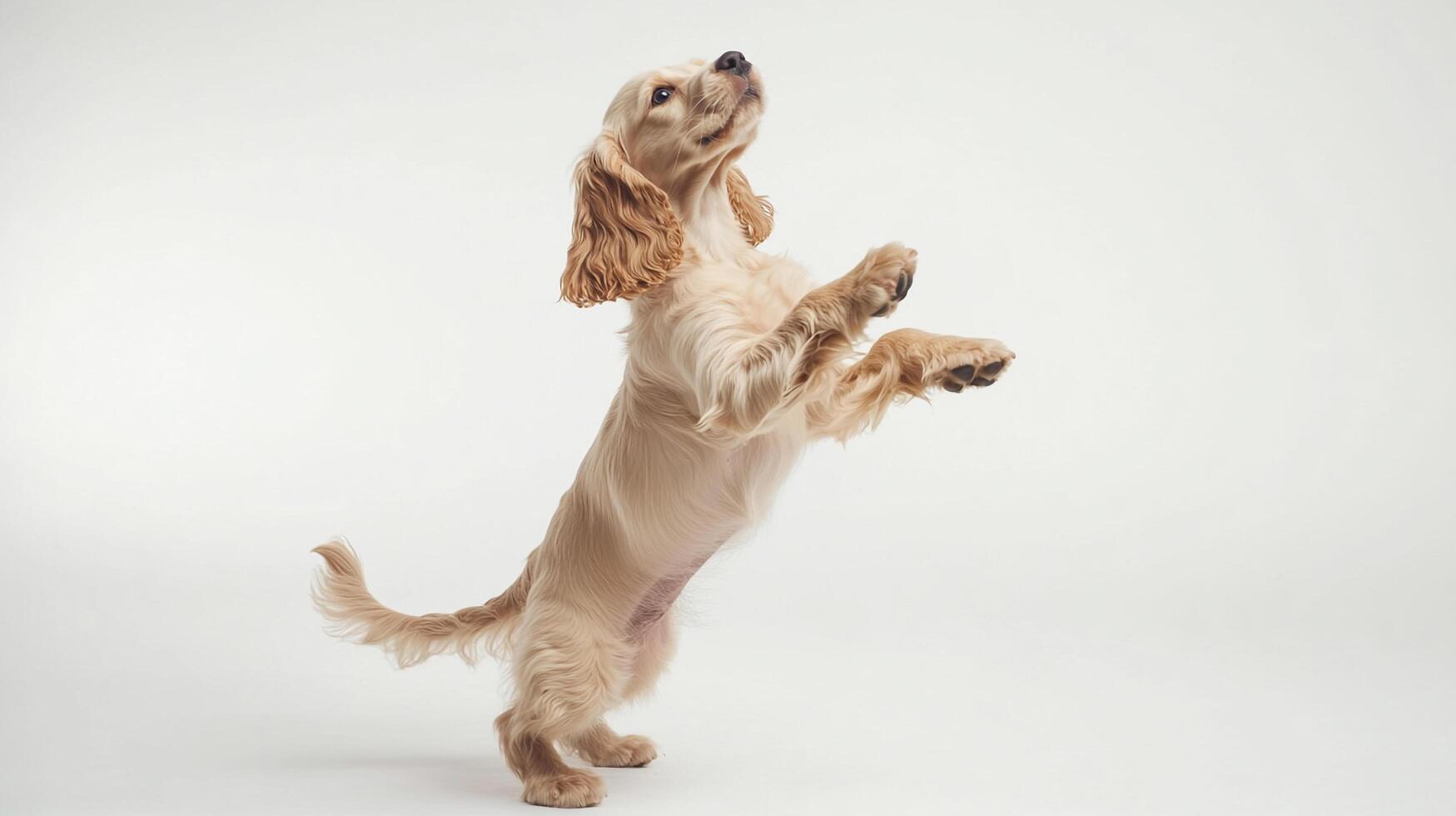 A golden-colored dog is standing on its hind legs, looking up. The dog's fur is smooth and shiny, and its tail is wagging. photo