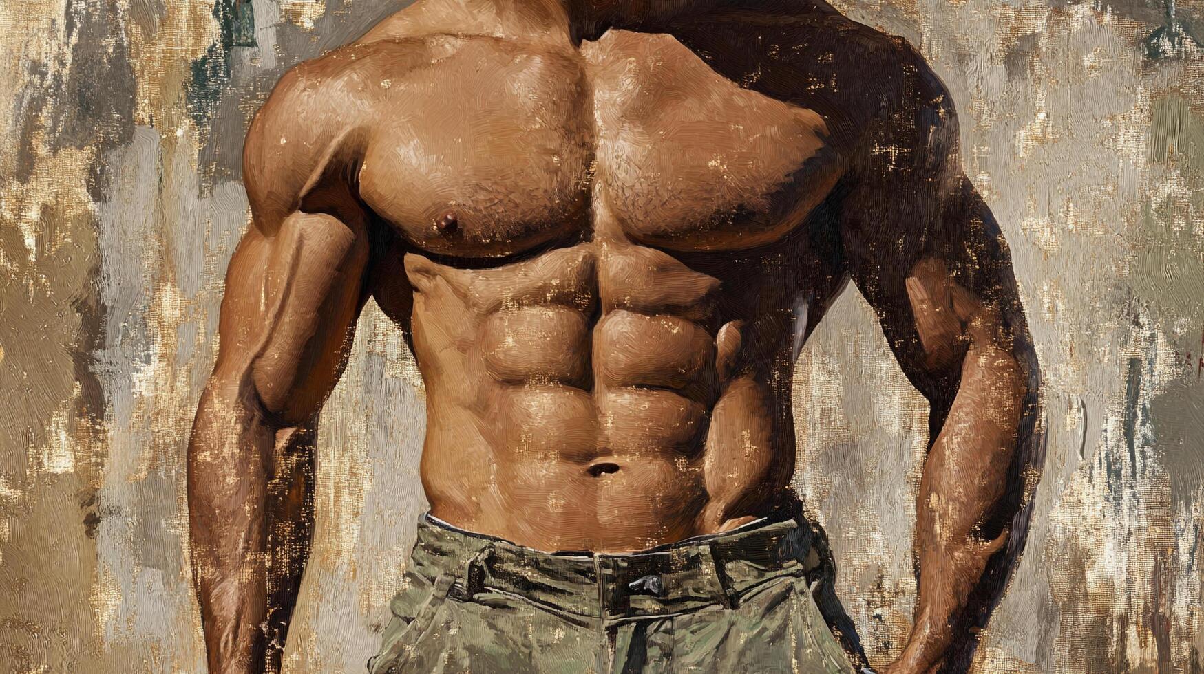 Muscular figure in an artistic style, showcasing a strong physique with detailed muscle definition and painted texture. photo