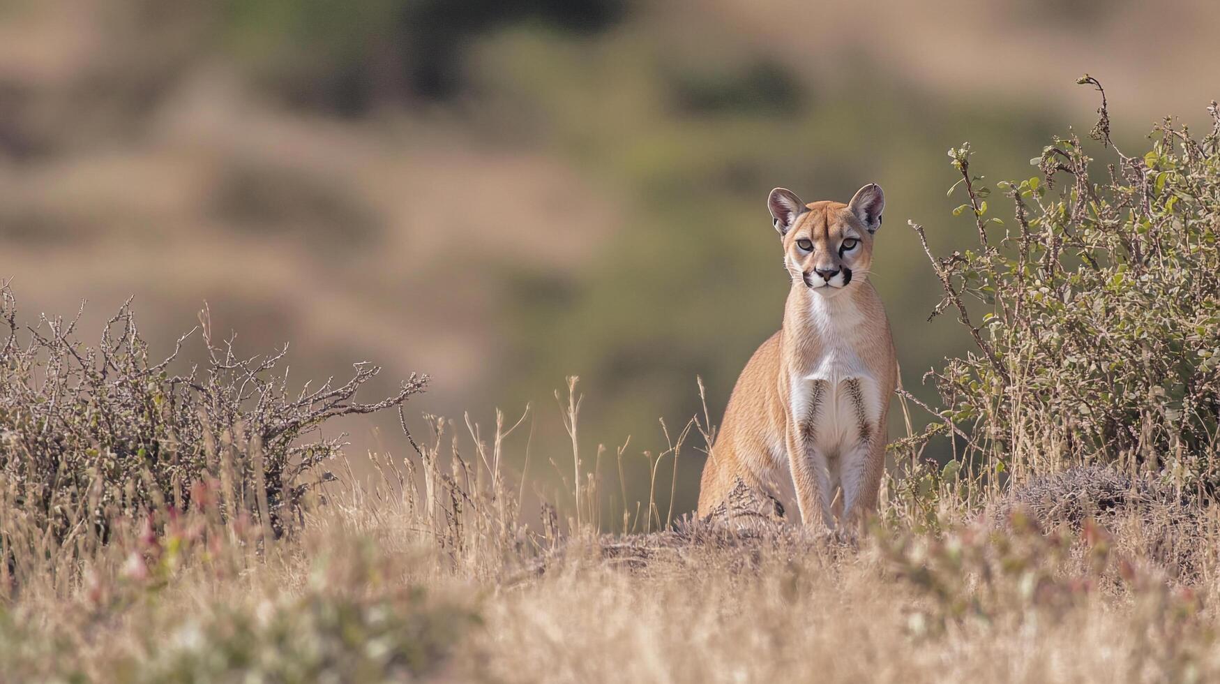 A majestic cougar sits alert in a grassy field, its gaze focused ahead, blending seamlessly with the golden hues of its surroundings. photo